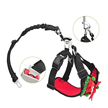 Slowton Dog Car Harness Plus Connector Strap, Multifunction Adjustable Vest Harness Double Breathable Mesh Fabric with Car Vehicle Safety Seat Belt for Dogs Travel Walking Trip