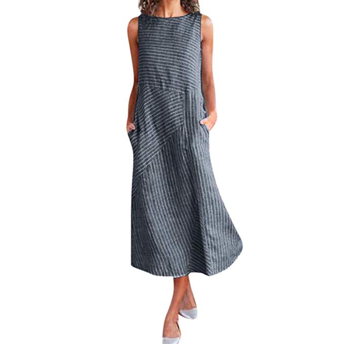 Aniywn Women Summer Sleeveless Vintage Maxi Dress Casual Plain Stripe Print Linen Dress with Pocket