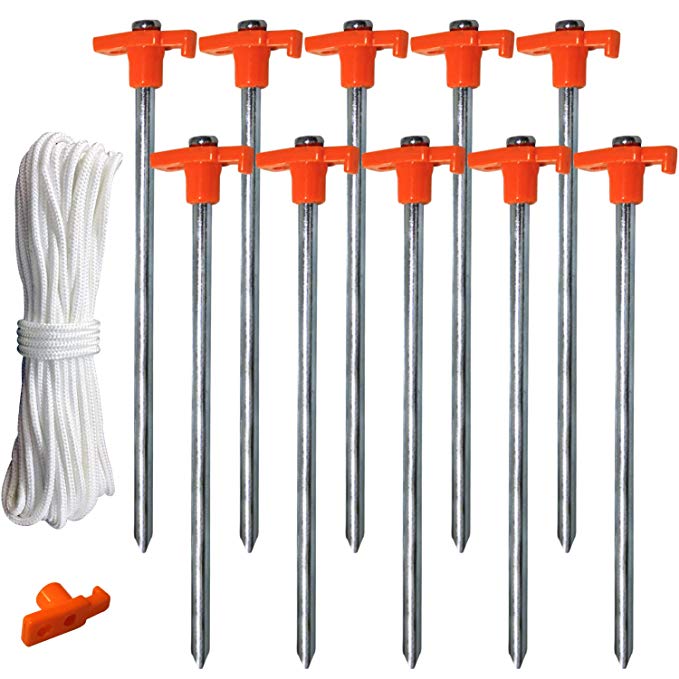 ABCCANOPY Tent Stake Pegs Garden Stakes, 10pcs Galvanized Non-Rust 10'' Pop up Pergolas Canopy Accessories Gazebo Accessories Peg Stakes Orange Stopper Bonus 4pcs 10ft Ropes & 1 PVC top