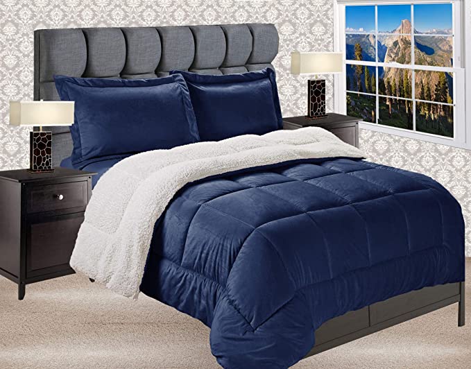 Elegant Comfort Premium Quality Heavy Weight Micromink Sherpa-Backing Reversible Down Alternative Micro-Suede 3-Piece Comforter Set, Queen, Navy Blue