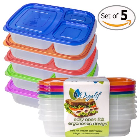 Orgalif Bento Lunch Box Container Food Storage 3-compartment Eco Friendly for Kids Reusable Lunchbox Made with High Quality Plastic Microwavable Dishwasher Safe Bpa Free Perfect for School and Office Set of 5