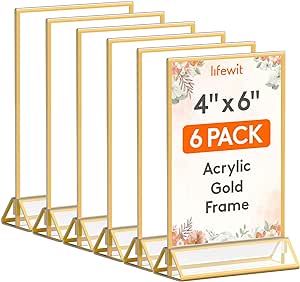 Lifewit 6 Pack 4x6 Acrylic Sign Holder with Gold Borders, Clear Vertical Double-sided Stand, Plastic Menu Holders, Table Number Holders Picture Frames for Wedding, Party, Restaurant decor