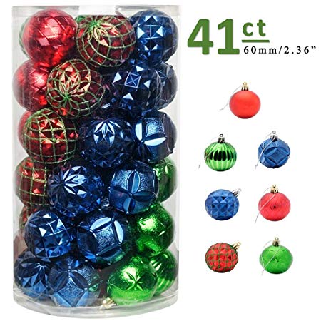 CHICHIC 41ct 2.36” Christmas Ball Ornaments Christmas Tree Balls Decorations Shatterproof Christmas Ornaments Bulbs Sets for Holiday Wedding Party Decoration Ornaments Strings Included, Red Blue Green
