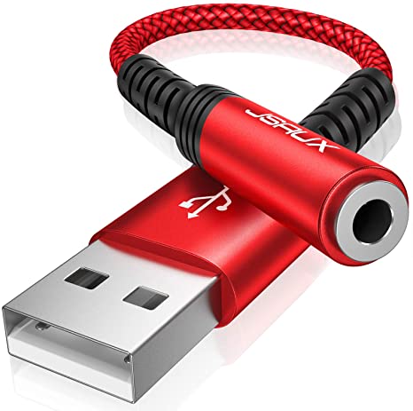 JSAUX USB to 3.5mm Jack Audio Adapter, TRRS 4-pole Stereo External USB Sound Card Aux Headset Microphone Converter with DAC Chip Compatible for Headphone Mac PS4 PC Laptop Desktops -Red