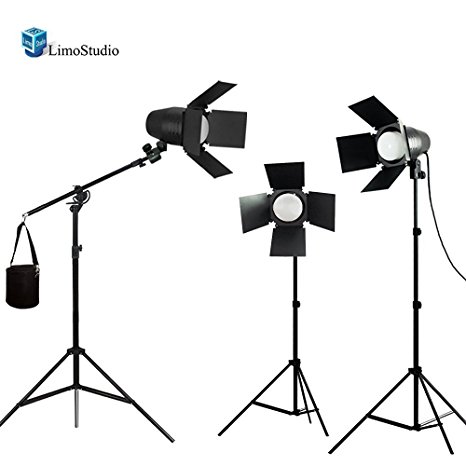 LimoStudio 3 x LED Day Light Bulb Barndoor Light Stand Video Photography Studio Boom Stand Kit, AGG1781