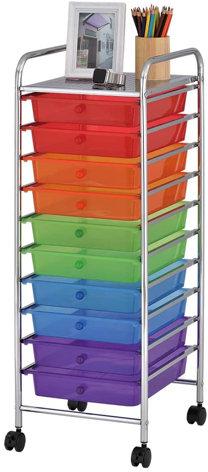 ECR4Kids 10-Drawer Rolling Storage Cart, Mobile Organizer with Locking Casters, Makeup Organizer and Storage, Toy Organizer and Storage, Home and School Supplies - Assorted Colors