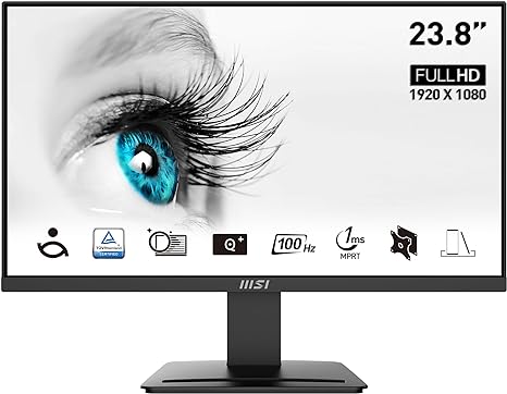 MSI PRO MP2412 23.8 Inch Monitor, Full HD (1920 x 1080), 100Hz, VA, 4ms, FreeSync, HDMI, VGA, Anti-Glare, Anti-Flicker, Less Blue light, TÜV Certified, VESA, Kensington, Black