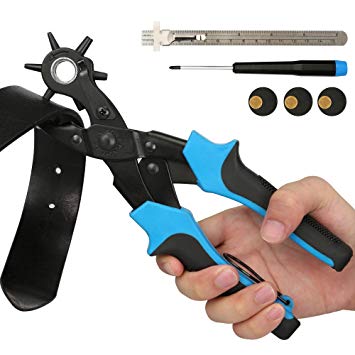 Leather Hole Punch Tool for Belts Revolving Puncher Hand Plier Kit Including Ruler Screwdriver and Punch Plates Heavy Duty Rotary Hole Puncher for Bags, Shoes, Fabric, DIY Home Craft Projects etc