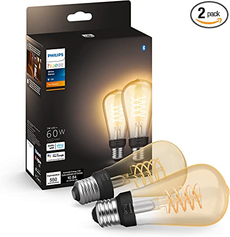 Philips Hue 2-Pack Dimmable Warm White Vintage Smart ST19 Edison Bulb, Bluetooth & Hub Compatible (Hue Hub Optional), Voice Activated with Alexa, Google Assistant, and HomeKit