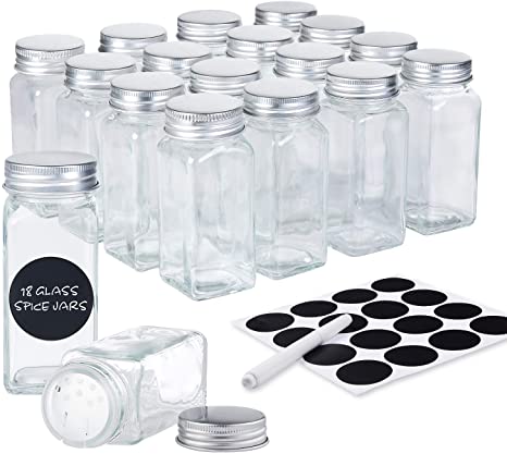 DEFWAY Glass Spice Jars with Labels - 18 Pcs 4oz Empty Glass Jar Square Glass Seasoning Jars with Aluminum Lids, Shaker Tops, Rewritable Labels, Liquid Chalk and Silicone Collapsible Funnel
