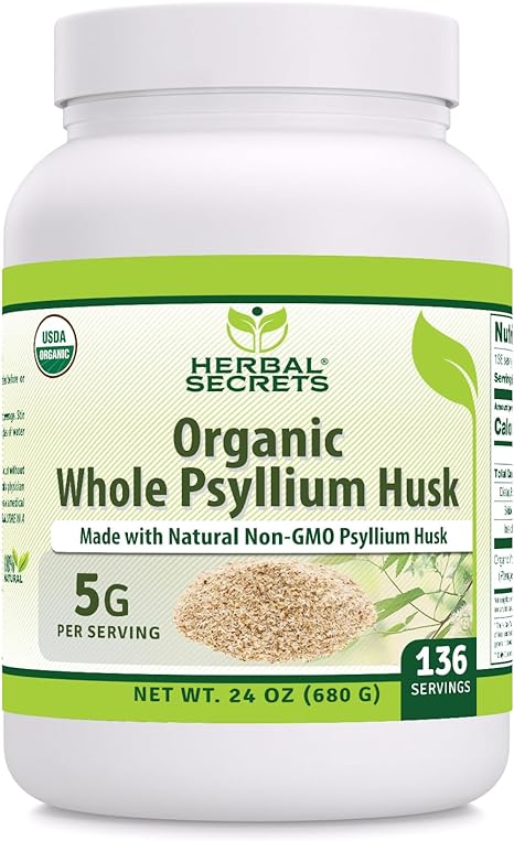 Herbal Secrets USDA Organic Whole Psyllium Husk 24 oz Powder Supplement | 5 Grams Per Serving | 136 Servings | Non-GMO | Gluten Free | Made in USA