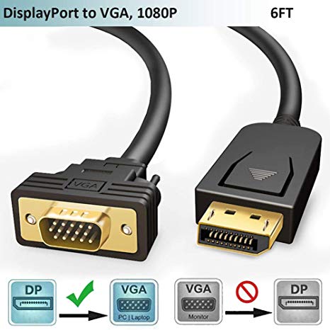 DisplayPort to VGA Cable(6Ft/1.8m,Gold Plated),FOINNEX DP 1.2 to VGA Male to Male Adapter Cord,Supports Video Transmission 1080P@60Hz,for Lenovo,Dell,HP Desktop,Laptop to Monitor,Projector,TV