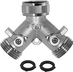 Morvat Heavy Duty Nickel Plated Brass 2 way Y Splitter Garden Hose Hexagonal Connector with Comfortable Grip Shut Off Valves, Adapter for Water Tap, Outlet, & Spigot, Includes 2 Extra Rubber Washers