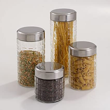 Kitchenworks Set of 4 Airtight Lids Glass Canisters For Snacks,Cereals or Pasta