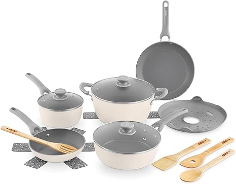 DASH Dream Green Nonstick Ceramic Cookware Set, 15 Piece, Cream - Recycled Aluminum and Ceramic, Nonstick Cookware Set, Oven Safe and Compatible with All Cooktops