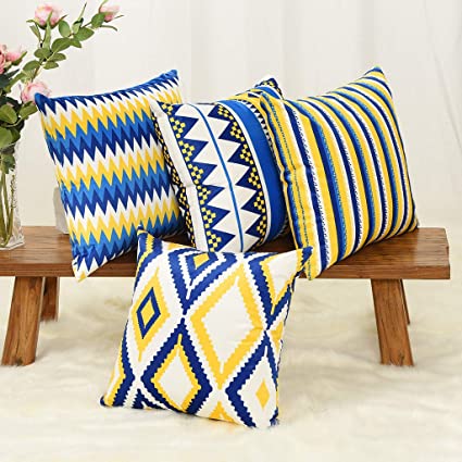 YINNAZI Geometric Pattern Double-Sided Printing Velvet Square Throw Pillow Cases Decorative Cushion Covers for Couch Sofa Chair Bench 18 Inch Set of 4 Blue Navy and Yellow