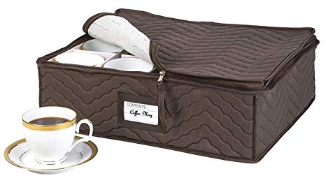 China Cup Storage Chest - Deluxe Quilted Microfiber - Holds 12 Stemware Dishes, Coffee/Tea Mug Cups - Protect Your Valuable Glassware from Dings, Scratches and Cracks - Brown - 13"H x 15.5"W x 5"D