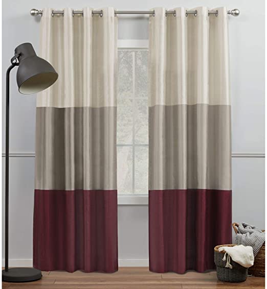 Exclusive Home Curtains Chateau Striped Faux Silk Grommet Top Curtain Panel Pair, 54x96, Burgundy/Taupe