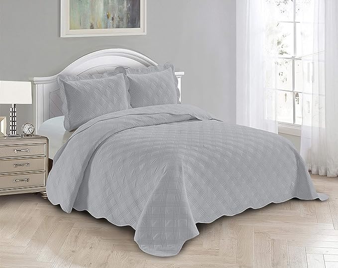 Fancy Linen 3pc Embossed Coverlet Bedspread Set Oversized Bed Cover Solid Modern Squared Pattern New # Jenni (King/California King, Silver)