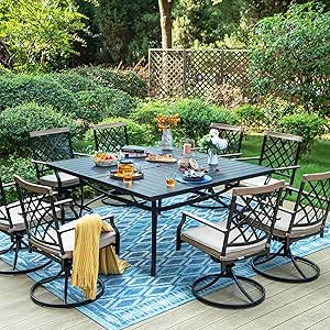 Sophia & William Patio Dining Set 9 Pieces, 8 Piece Outdoor Swivel Cushioned Chairs and 60" Square Meatl Table with Umbrella Hole, Outdoor Furniture Set for Garden Lawn