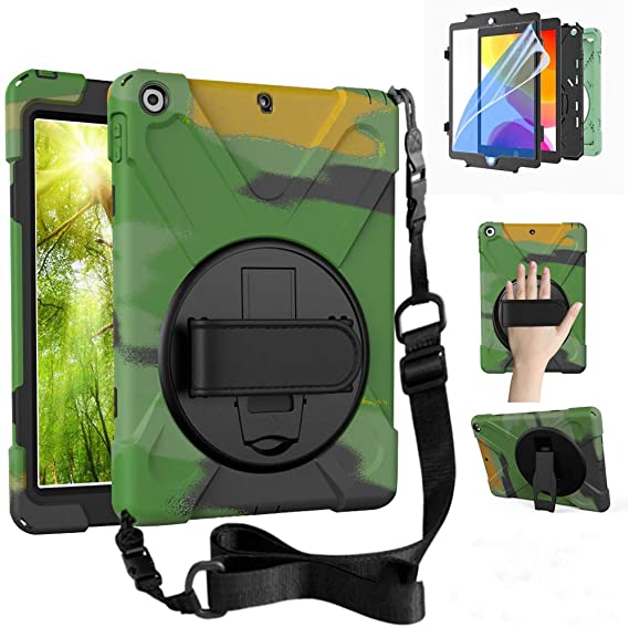 ZenRich New iPad 10.2 Case, iPad 9th/8th7th Generation Case with Screen Protector Kickstand/Hand Strap and Shoulder Strap,zenrich Shockproof Case for iPad 10.2 inch 2021/2020/2019, Camouflage