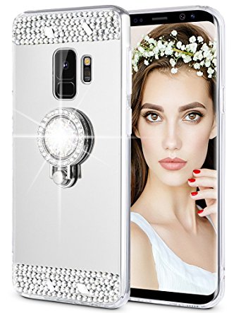 Caka Galaxy S9 Case, Galaxy S9 Glitter Case [Mirror Series] Luxury Cute Shiny Bling Mirror Makeup Case for Girls with Ring Kickstand Diamond Protective TPU Case for Samsung Galaxy S9 - (Silver)