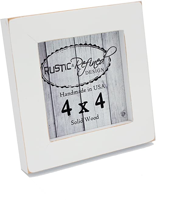 Rustic and Refined Design 4x4 Solid Wood Made in USA Picture Frame with 1 Inch Border (Gallery Collection) - Bright White