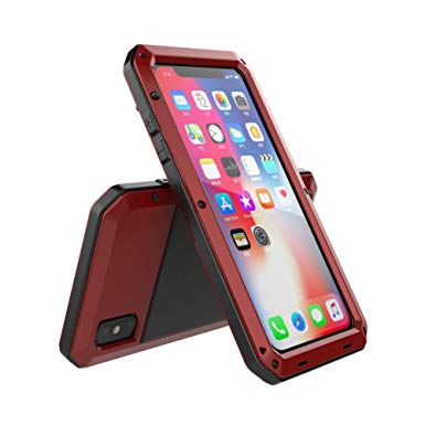 iPhone Xs Max Case, TCM Aluminum Metal Case - Water Resistant Shockproof Heavy Duty Tempered Glass Screen Protector Dual Layer Protective Case for Apple iPhone Xs Max-Red
