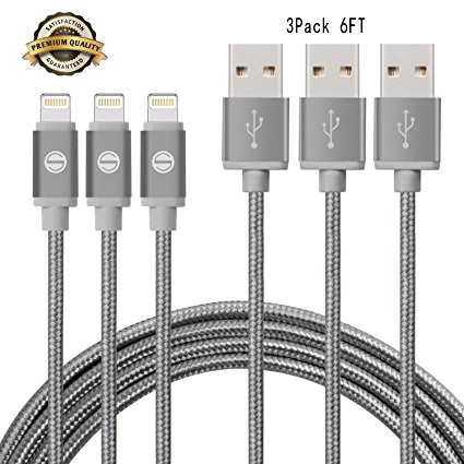 iPhone Cable SGIN,3Pack 6FT Nylon Braided Cord Lightning to USB iPhone Charging Charger for iPhone 7,7 Plus,6S,6 Plus,SE,5S,5,iPad,iPod Nano 7(Grey)