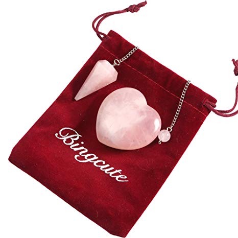 Natural Rose Quartz Heart Shaped 45MM Pocket Puff Heart Worry Healing Palm Stone and Rose Quartz Crystal Pendulum for Chakra Energy Healing Balancing, Reiki, Meditation, Massage