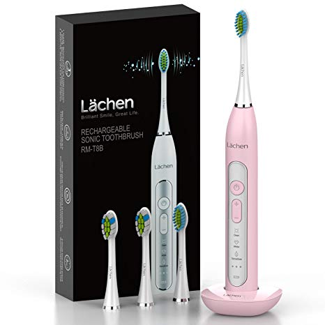 Lächen Electric Toothbrush Sonic Whitening Rechargeable 3 Modes USB Fast Charging 4 Brush Heads IPX7 waterproof T8 (pink)