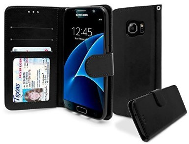 Samsung Galaxy S7 Wallet Case, Bastex Shiny PU Leather Black Flip Wallet Credit Card Cover for Samsung Galaxy S7
