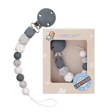 TYRY.HU Baby Pacifier Clips BPA Free Teether Soother Pacifier Chain Holders Silicone Dummy Clip Chewable Beads Teething Toy (Grey)