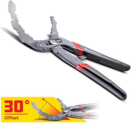 Powerbuilt Self-Adjust Oil Filter Pliers 30 Degree Angle Jaws, 2-1/4 to 4-3/4 inch, Auto Specialty Tools, Service Tools, Grease and Lubrication Oil Filter Wrench - 942099