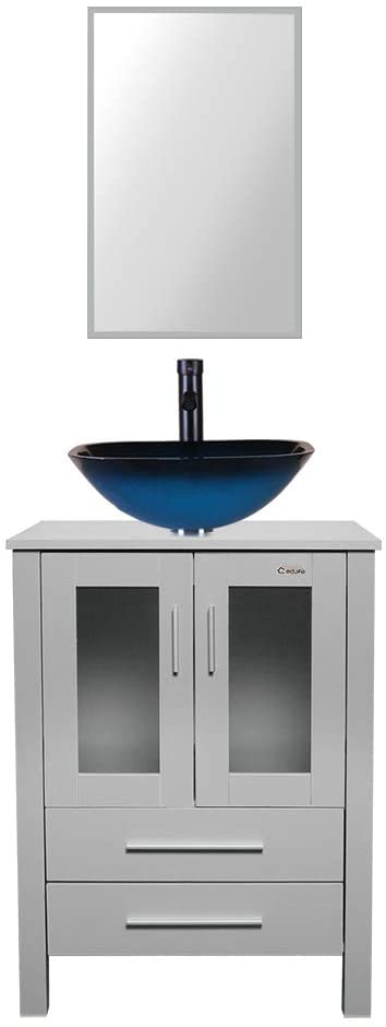 eclife 24" Bathroom Vanity and Sink Combo Grey Vanity Ocean Blue Square Tempered Glass Vessel Sink & 1.5 GPM Water Save Faucet & Solid Brass Pop Up Drain, W/Mirror (A04B02GY)