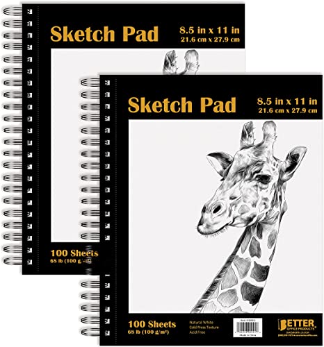 8.5" x 11" Sketch Paper Pads, 2 Pack, 200 Total Sheets (100 Each), 68 lb/100gsm Premium Paper, by Better Office Products, Spiral Bound Artist Sketch Book, Acid Free, Cold Press, Natural White