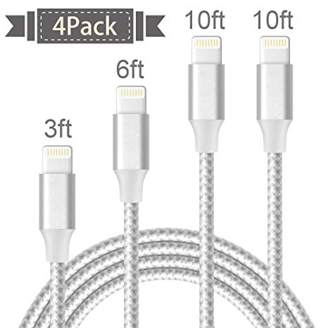 Lightning Cable,AOFU Charger Cables 4Pack 3FT 6FT 2x10FT to USB Syncing and Charging Cable Data Nylon Braided Cord Charger for iPhoneX/8Plus/8/7/7Plus/6/6Plus/6s/6sPlus/5/5s/5c/SE and more-SilverWhite