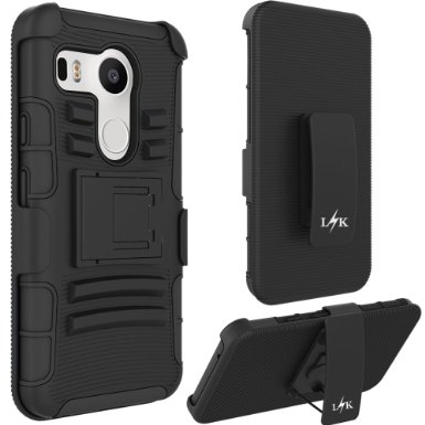 Nexus 5X Case LK Heavy Duty Black Armor Holster Defender Full Body Protective Hybrid Case Cover with Kickstand and Belt Swivel Clip for LG Nexus 5X