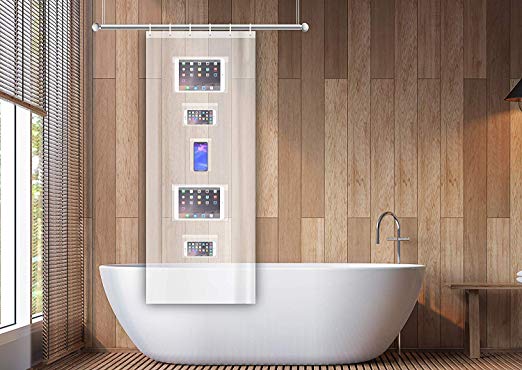Phone Holder Shower Curtain Liner with Pockets for Smartphones, Iphones and Tablets, Ring Hooks Included, Strong Clear Plastic, Slim Size with 5 Pockets, 24" x 72"