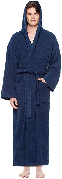 Arus Men's Hooded Classic Bathrobe Turkish Cotton Robe with Full Length Options