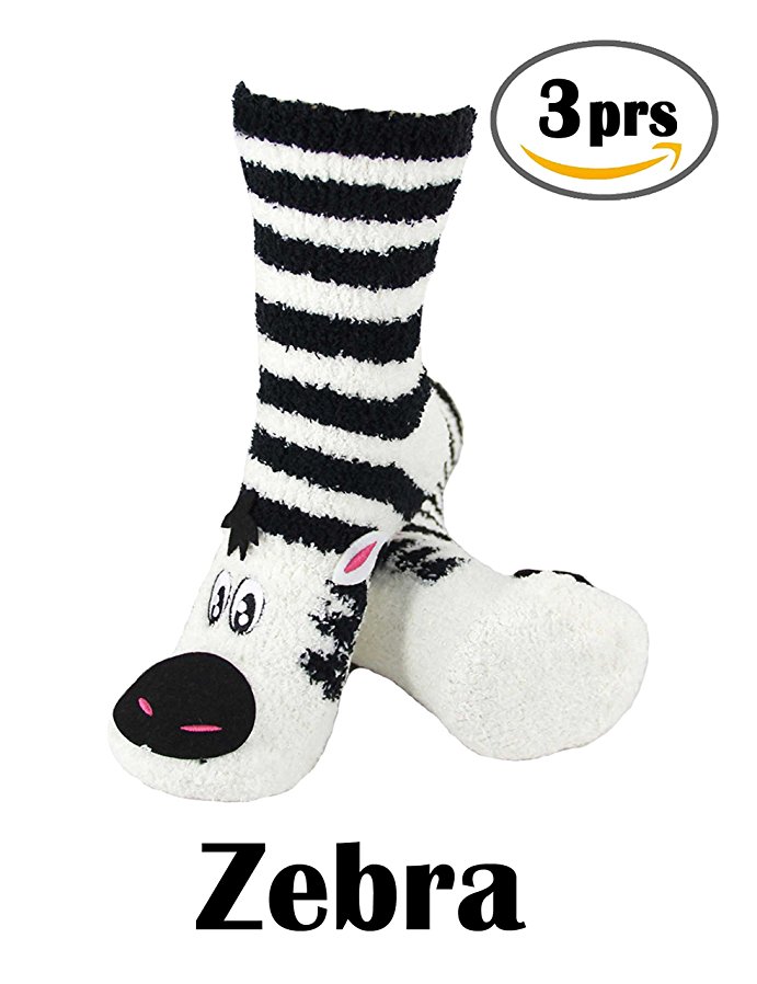 Super Soft Warm Cute Animal Non-Slip Fuzzy Crew Winter Socks - 3 Pairs - Value Pack