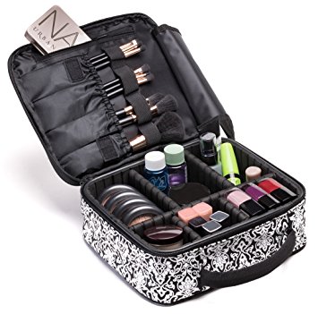Cosmetic Travel Bag - Make Up Bags for Women - Makeup Travel Organizer - Big Makeup Bag - Large Makeup Case with Adjustable Dividers by Ramaka Solutions (10”L x 3.5”W x 9”H) Black and White
