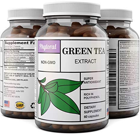 Pure Green Tea Weight Loss Supplement with EGCG Antioxidants - Natural Detox Healthy Diet Pills Boost Metabolism Burn Belly Fat Fast and Boost Energy for Men and Women - 60 Capsules by Phytoral