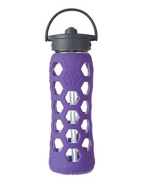 Lifefactory 22-Ounce BPA-Free Glass Water Bottle with Straw Cap & Silicone Sleeve, Royal Purple