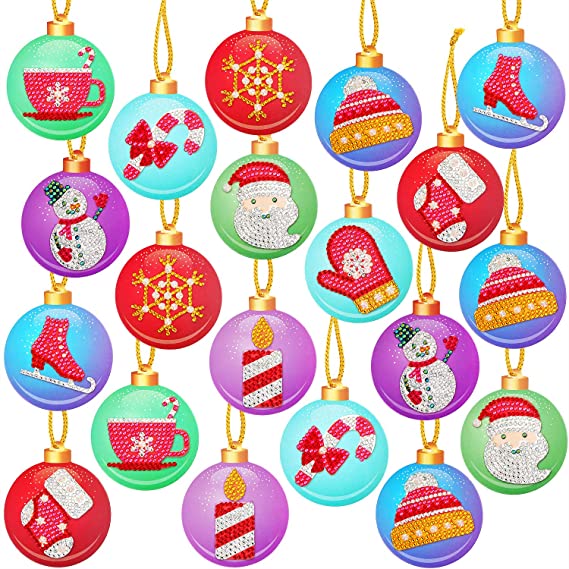 20 Pieces Christmas DIY Diamond Painting Tags Diamond Painting Key Chain Hanging Pendant Handcraft Cards Decoration for Christmas Tree Crafts Family Decoration