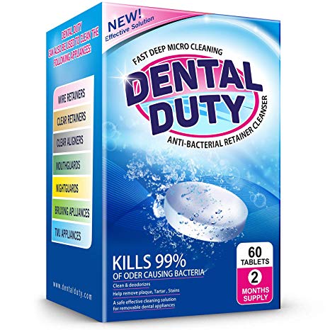 Dental Duty Retainer and Denture Cleaning Tablets -(2 Months Supply)- Cleaner Removes Bad Odor, Plaque, Stains from Dentures, Retainers, Night Guards, Mouth Guards & Dental Appliances. Made in USA.