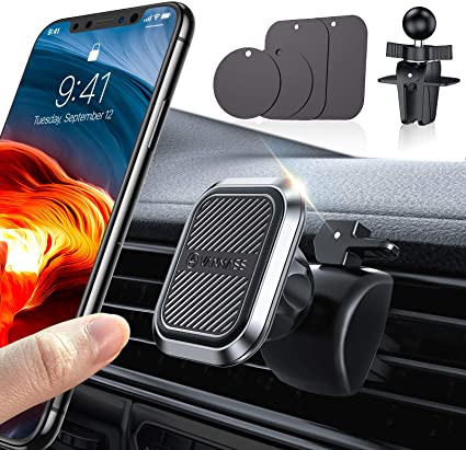VANMASS Magnetic Phone Car Mount, 6 Strong Magnets Universal Air Vent Magnetic Car Mount Phone Holder, for Cell Phones and Mini Tablets with Sturdy Metal Head, with 4 Metal Plates