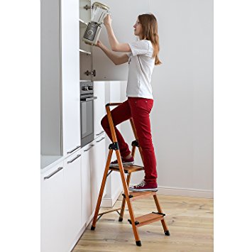 Tatkraft Upstairs High Quality 3 Step Ladder Anti-Slip Steps Aluminium Scandinavian Wood Style