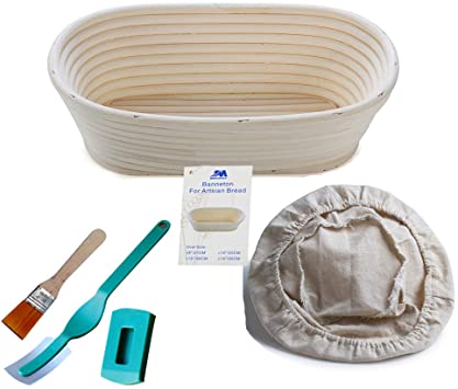 Banneton Proofing Basket 10" Oval Banneton Brotform for Bread and Dough [Free Brush] Proofing Rising Rattan Bowl(750g Dough)   Liner   Bread Lame