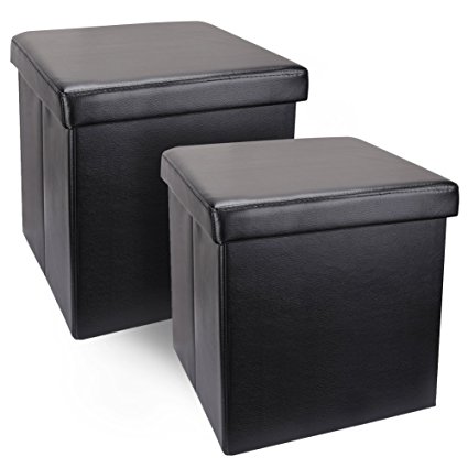 EZOWare Faux Leather Foldable Storage Ottoman, 2 Pack, Black